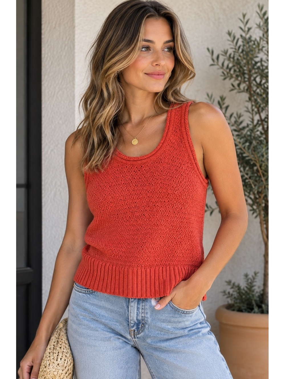 NWT Madewell Open Knit Sweater Tank Top Coral Orange Size Small